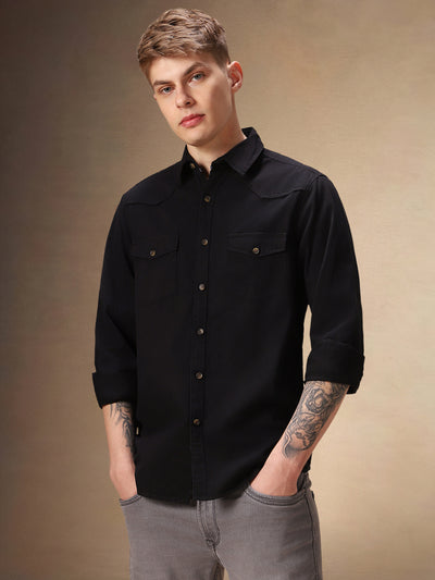 Men's Solid Black Full Sleeves Spread Collar Casual Shirt