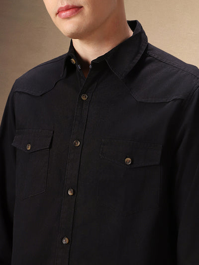 Men's Solid Black Full Sleeves Spread Collar Casual Shirt