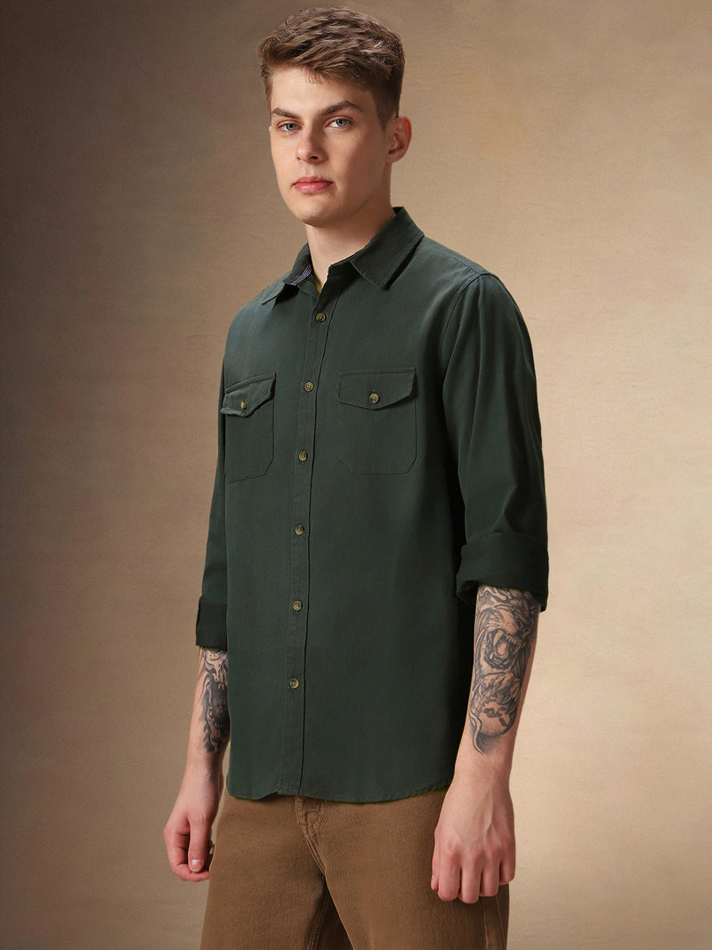 Men's Solid Dark Green Full Sleeves Spread Collar Casual Shirt