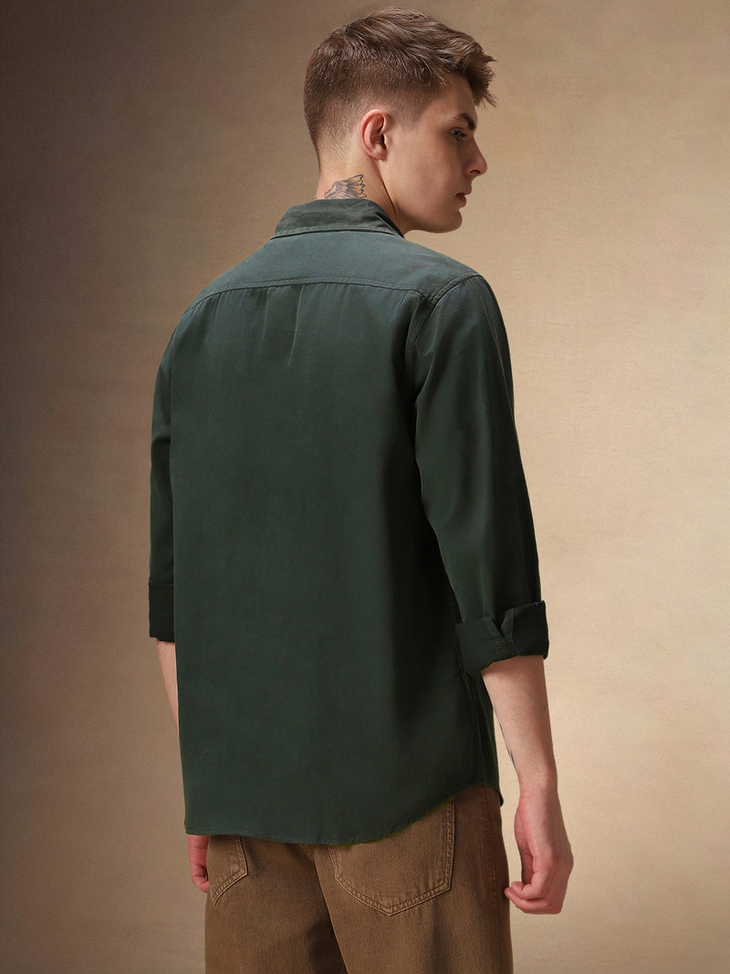 Men's Solid Dark Green Full Sleeves Spread Collar Casual Shirt