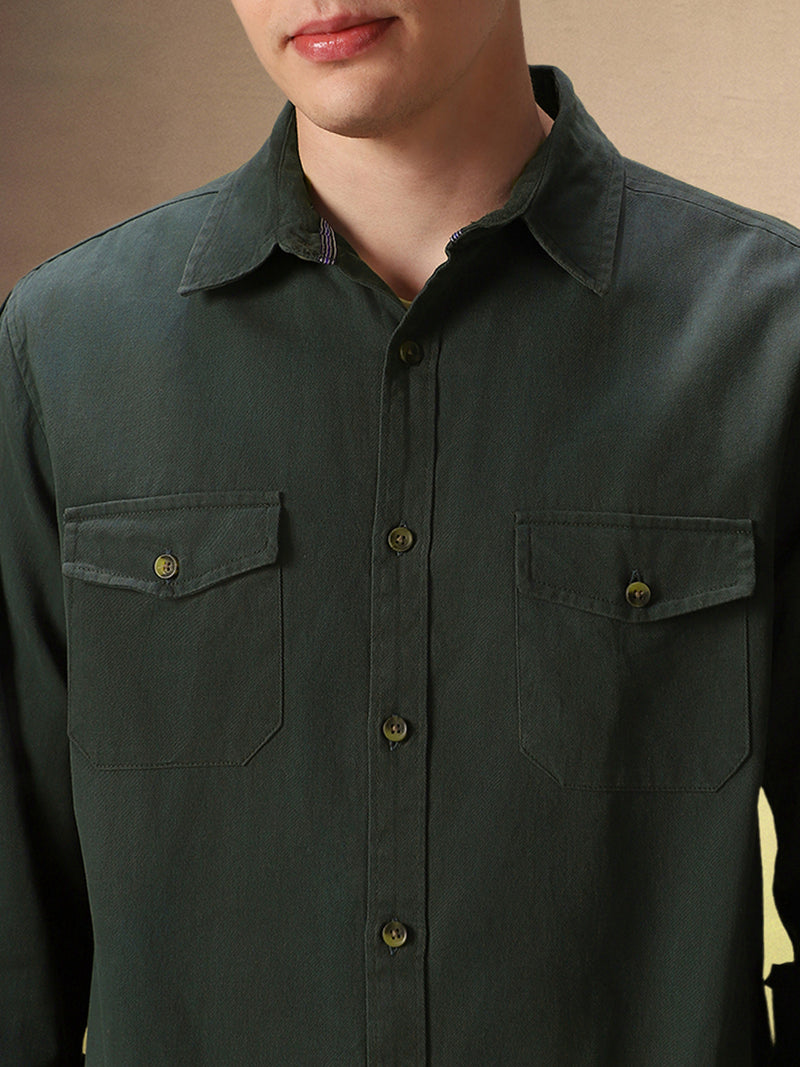 Men's Solid Dark Green Full Sleeves Spread Collar Casual Shirt