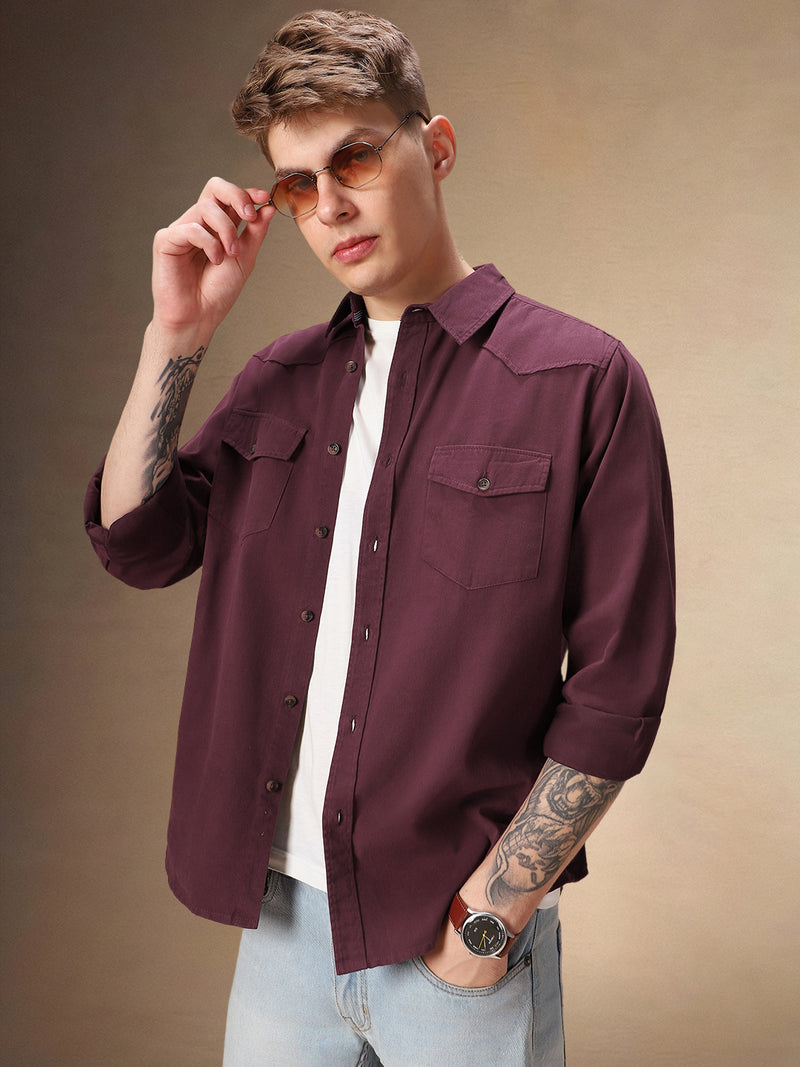 Men's Solid Maroon Full Sleeves Spread Collar Casual Shirt