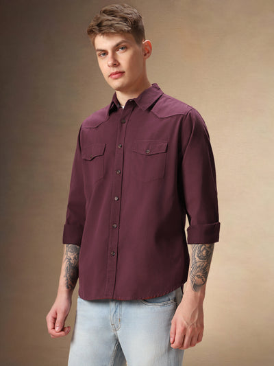 Men's Solid Maroon Full Sleeves Spread Collar Casual Shirt