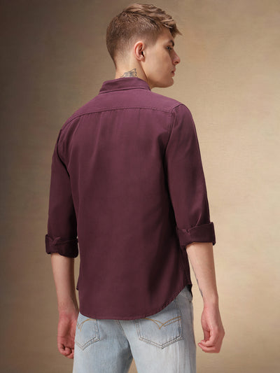 Men's Solid Maroon Full Sleeves Spread Collar Casual Shirt