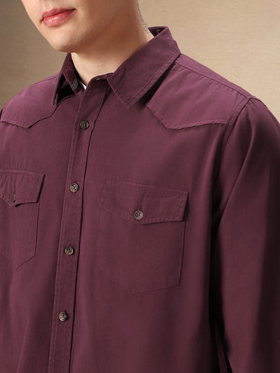 Men's Solid Maroon Full Sleeves Spread Collar Casual Shirt