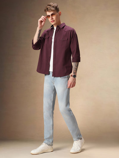 Men's Solid Maroon Full Sleeves Spread Collar Casual Shirt