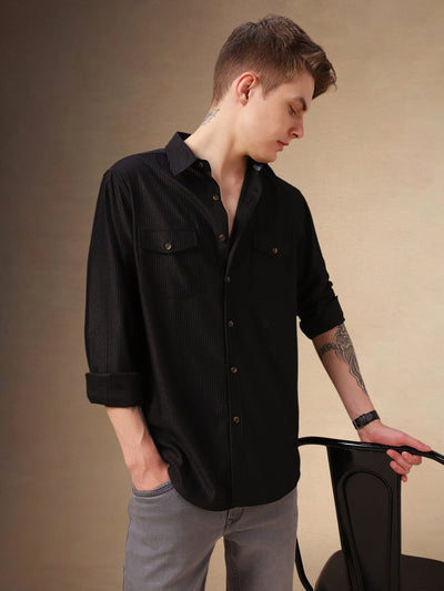 Men's Black Solid Spread Collar Full Sleeves Corduroy Shirt