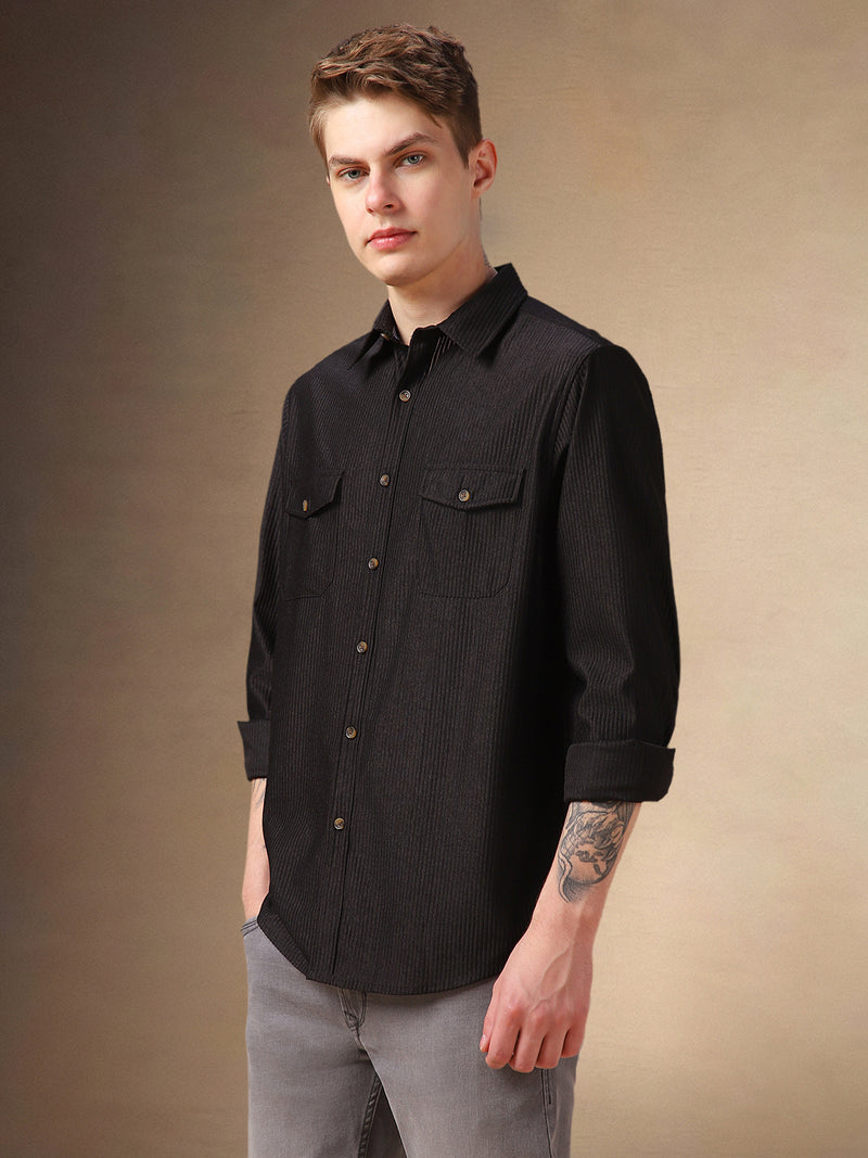 Men's Black Solid Spread Collar Full Sleeves Corduroy Shirt