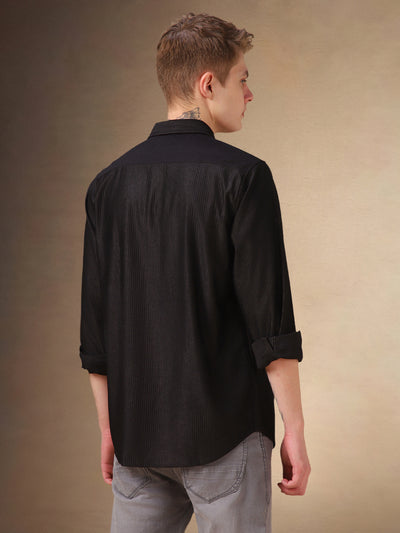 Men's Black Solid Spread Collar Full Sleeves Corduroy Shirt