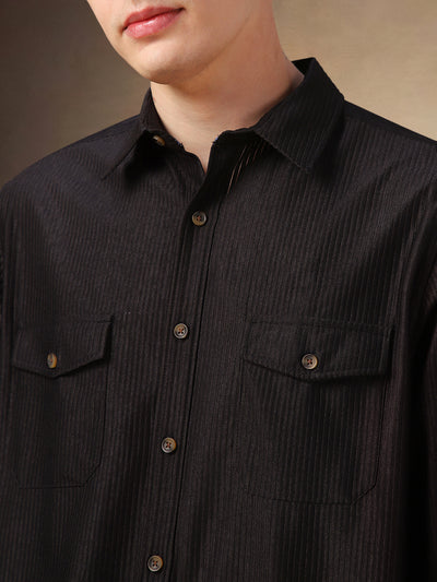 Men's Black Solid Spread Collar Full Sleeves Corduroy Shirt