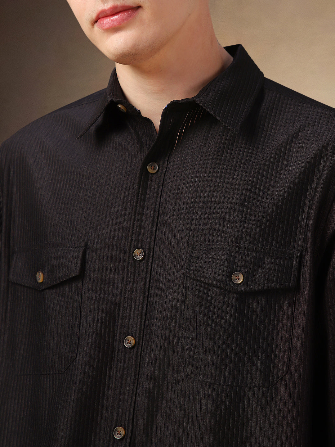 Men's Black Solid Spread Collar Full Sleeves Corduroy Shirt