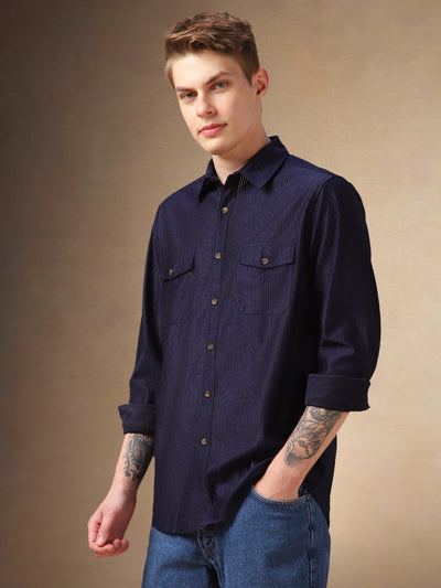 Men's Navy Blue Solid Spread Collar Full Sleeves Corduroy Shirt