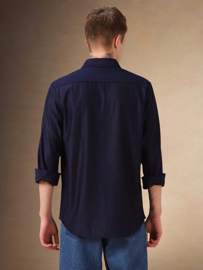 Men's Navy Blue Solid Spread Collar Full Sleeves Corduroy Shirt