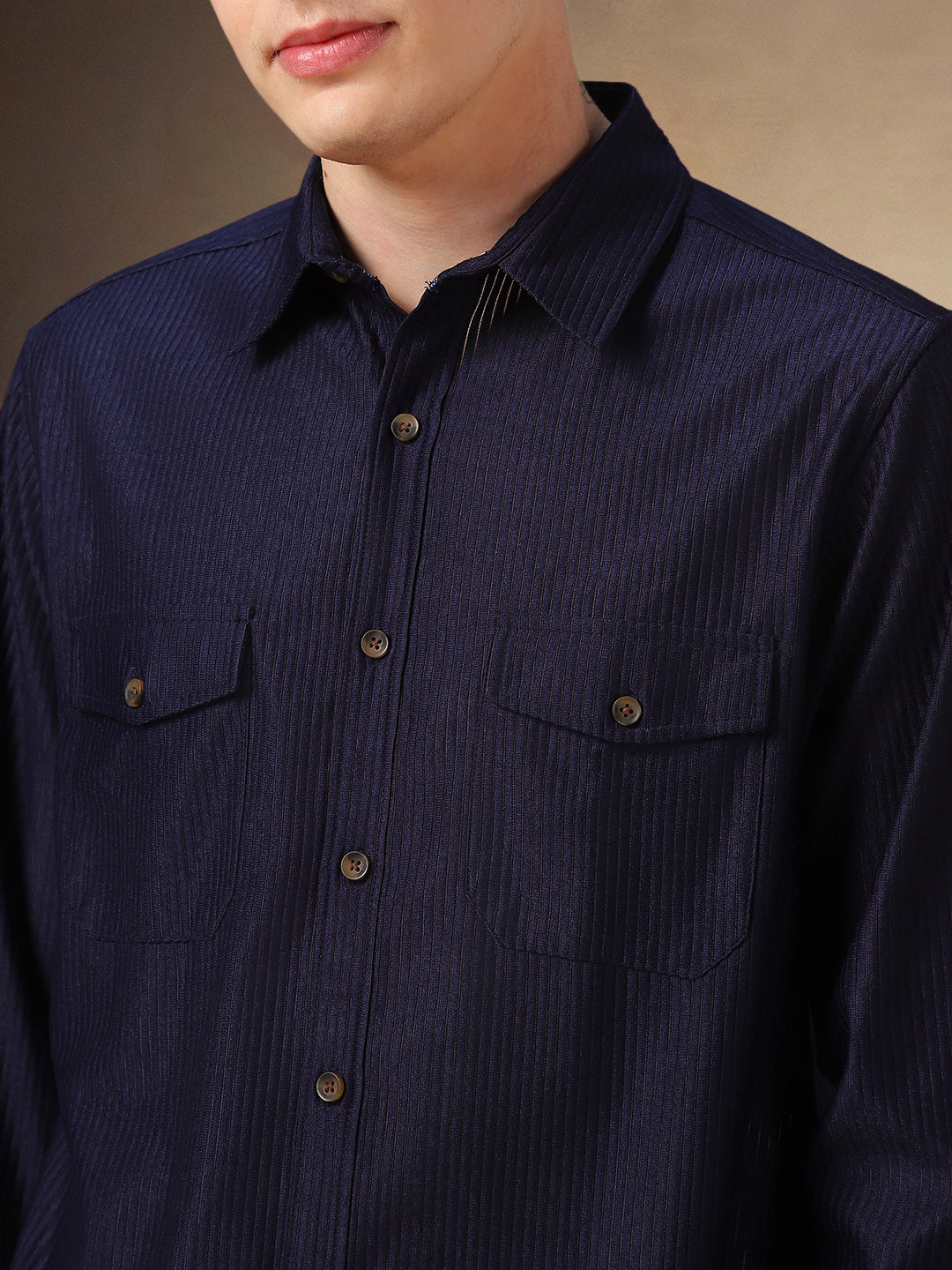 Men's Navy Blue Solid Spread Collar Full Sleeves Corduroy Shirt