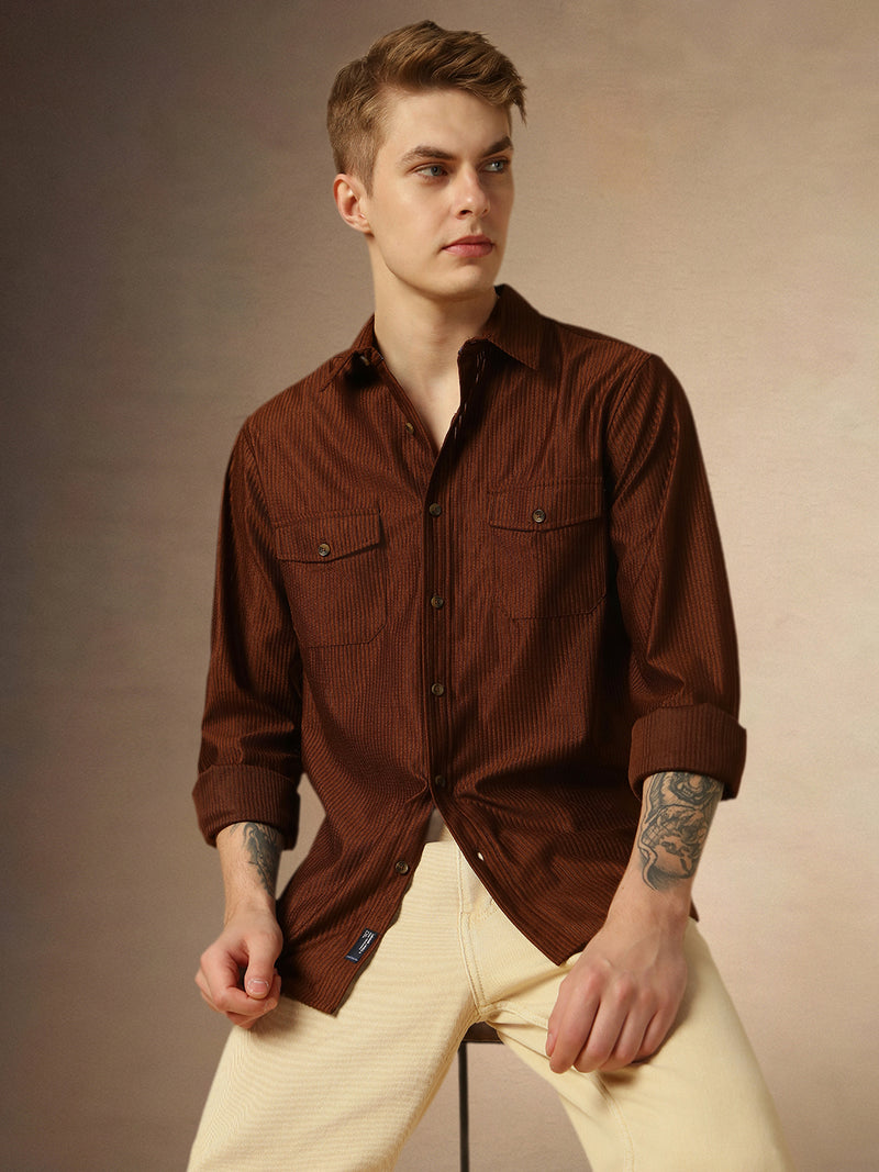 Men's Brown Solid Spread Collar Full Sleeves Relaxed Fit Corduroy/Textured Shirt