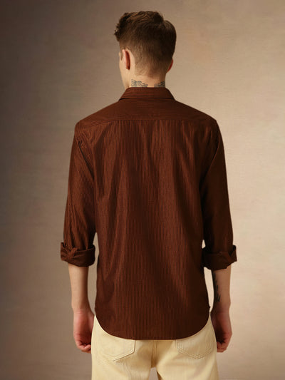 Men's Brown Solid Spread Collar Full Sleeves Relaxed Fit Corduroy/Textured Shirt