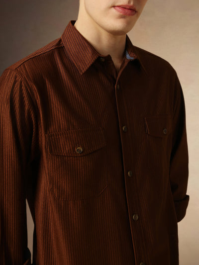 Men's Brown Solid Spread Collar Full Sleeves Relaxed Fit Corduroy/Textured Shirt