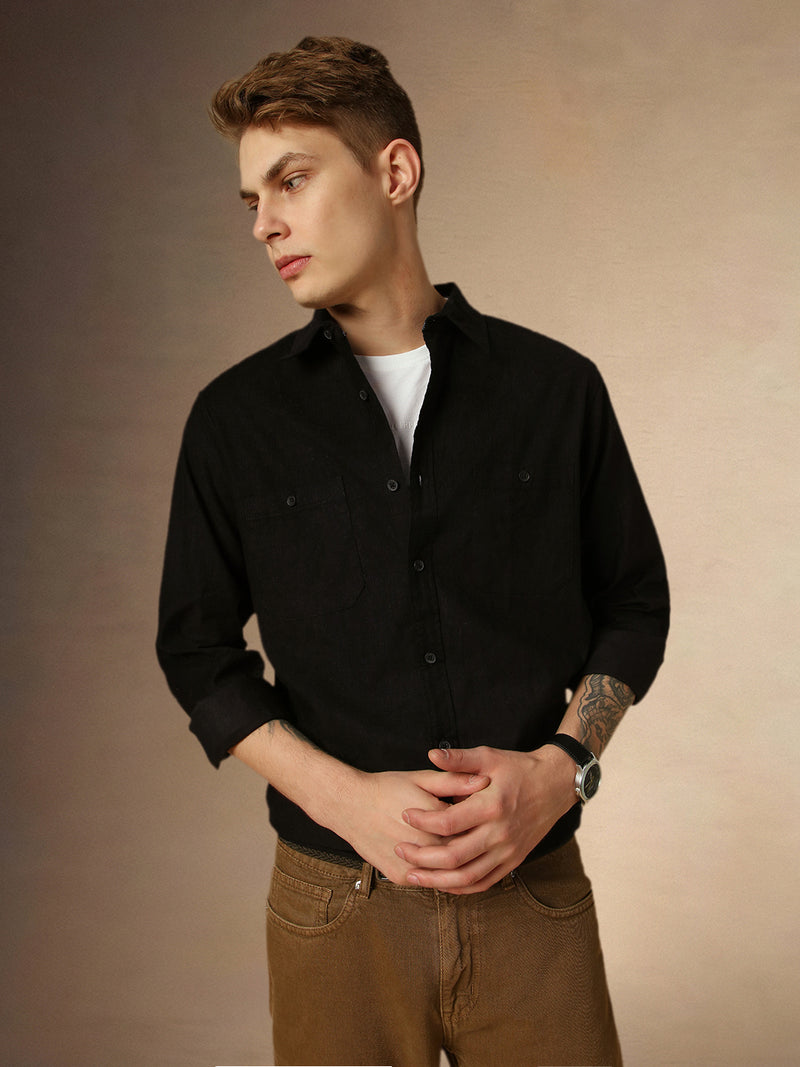 Men's Black Solid Button Down Collar Full Sleeves Relaxed Fit Corduroy Shirt