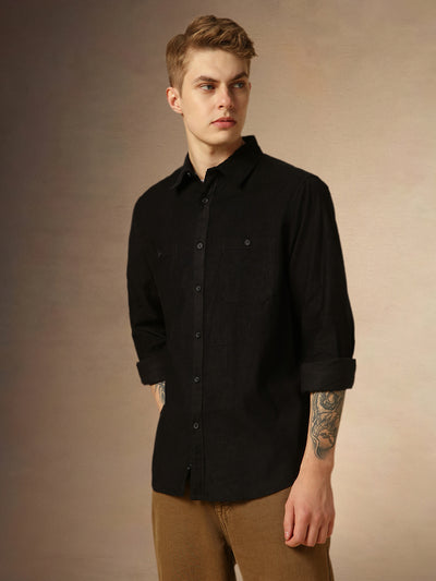 Men's Black Solid Button Down Collar Full Sleeves Relaxed Fit Corduroy Shirt