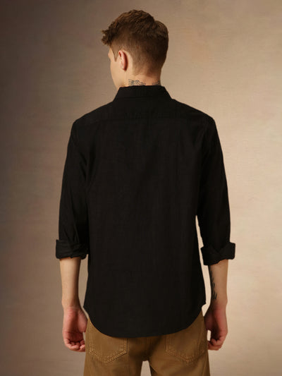 Men's Black Solid Button Down Collar Full Sleeves Relaxed Fit Corduroy Shirt