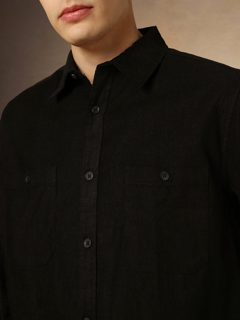 Men's Black Solid Button Down Collar Full Sleeves Relaxed Fit Corduroy Shirt