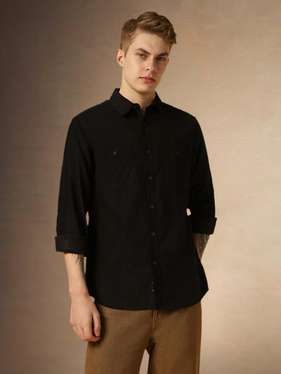 Men's Black Solid Button Down Collar Full Sleeves Relaxed Fit Corduroy Shirt