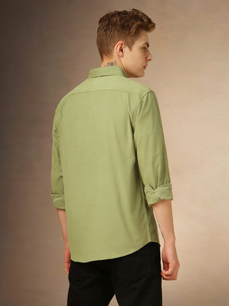 Men's Green Solid Button Down Collar Full Sleeves Relaxed Fit Corduroy Shirt