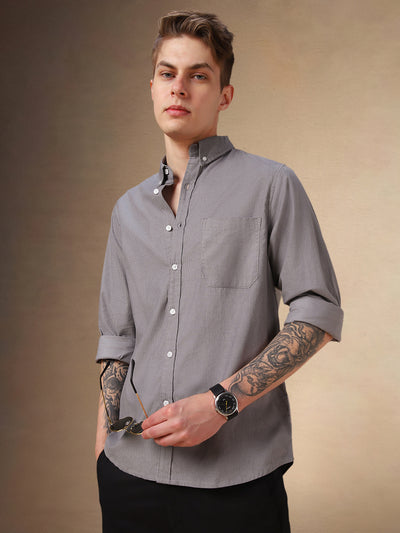 Men's Grey Solid Button Down Collar Full Sleeves Relaxed Fit Corduroy Shirt