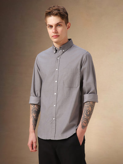 Men's Grey Solid Button Down Collar Full Sleeves Relaxed Fit Corduroy Shirt