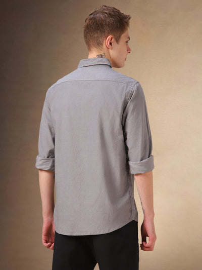 Men's Grey Solid Button Down Collar Full Sleeves Relaxed Fit Corduroy Shirt