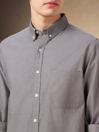 Men's Grey Solid Button Down Collar Full Sleeves Relaxed Fit Corduroy Shirt