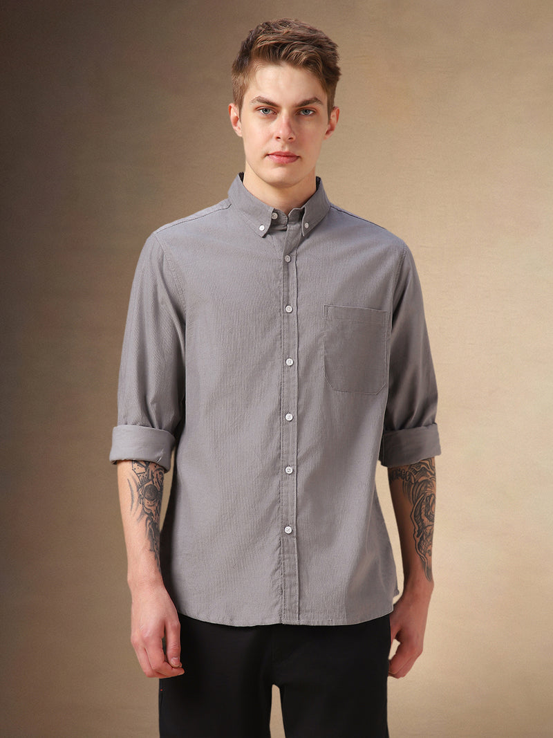 Men's Grey Solid Button Down Collar Full Sleeves Relaxed Fit Corduroy Shirt