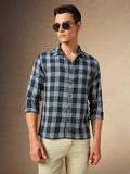 Men's Navy Checks Spread Collar Full Sleeves Casual Shirt