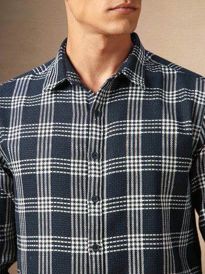 Men's Navy Checks Spread Collar Full Sleeves Casual Shirt