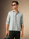 Men's Grey Striped Spread Collar Full Sleeves Casual Shirt