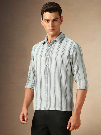 Men's Grey Striped Spread Collar Full Sleeves Casual Shirt