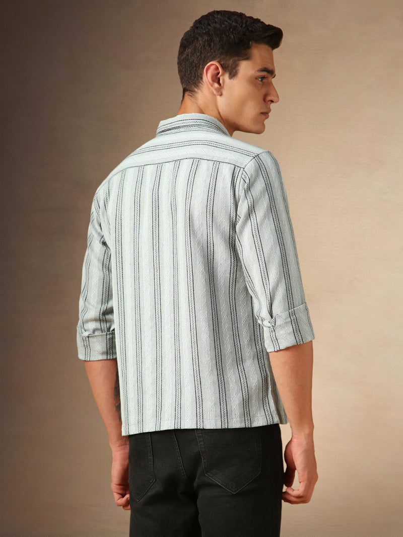 Men's Grey Striped Spread Collar Full Sleeves Casual Shirt