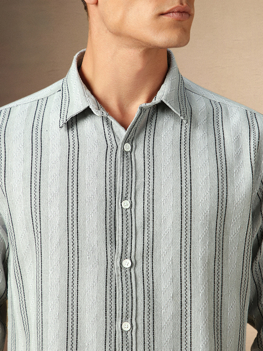 Men's Grey Striped Spread Collar Full Sleeves Casual Shirt