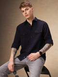 Men's Navy Blue Solid Textured Spread Collar Full Sleeves Casual Shirt