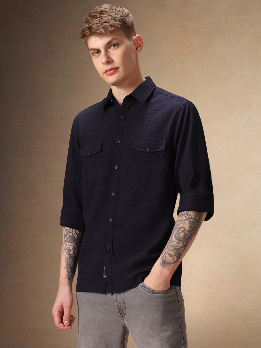 Men's Navy Blue Solid Textured Spread Collar Full Sleeves Casual Shirt