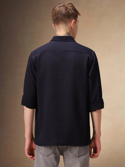 Men's Navy Blue Solid Textured Spread Collar Full Sleeves Casual Shirt