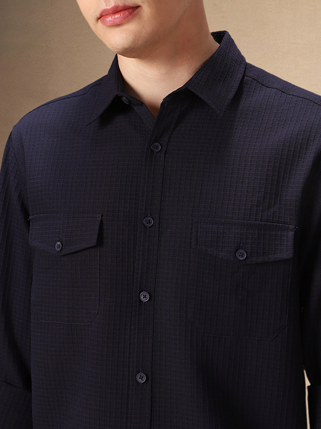 Men's Navy Blue Solid Textured Spread Collar Full Sleeves Casual Shirt