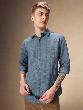 Men's Solid Blue Textured Full Sleeves Spread Collar Casual shirt