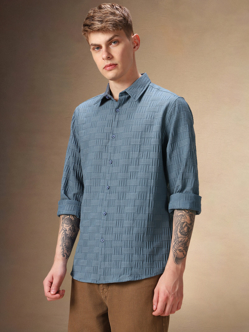 Men's Solid Blue Textured Full Sleeves Spread Collar Casual shirt