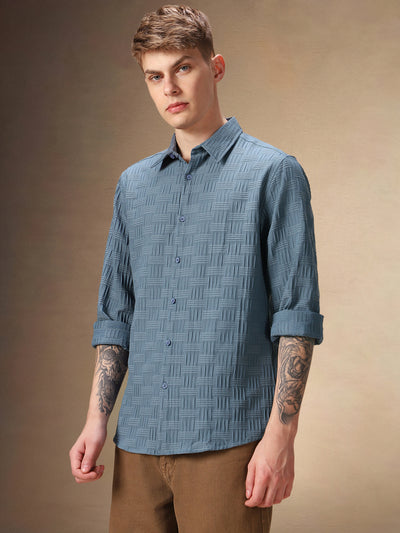 Men's Solid Blue Textured Full Sleeves Spread Collar Casual shirt