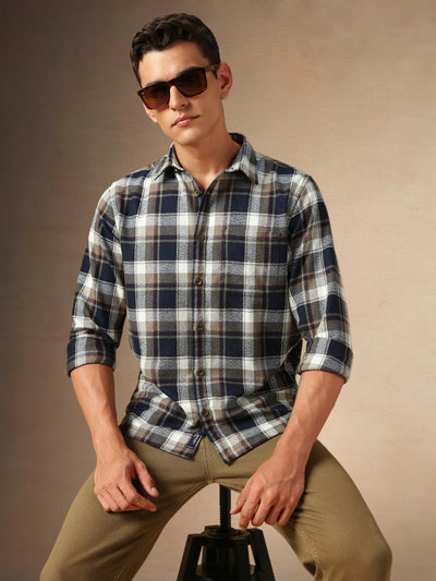 Men's Navy Checks Spread Collar Full Sleeves Casual Shirt