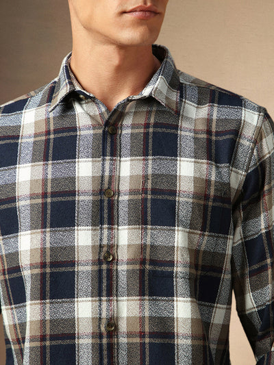 Men's Navy Checks Spread Collar Full Sleeves Casual Shirt