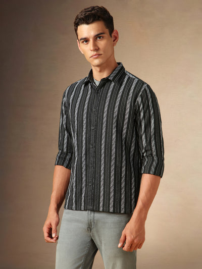 Men's Black Striped Spread Collar Full Sleeves Casual Shirt