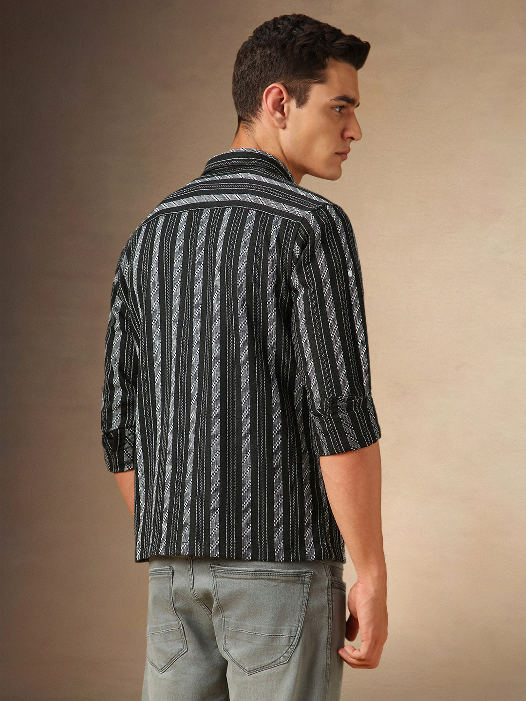 Men's Black Striped Spread Collar Full Sleeves Casual Shirt