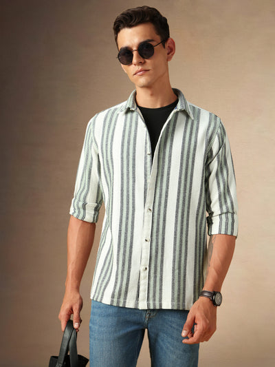 Men's White Striped Spread Collar Full Sleeves Casual Shirt